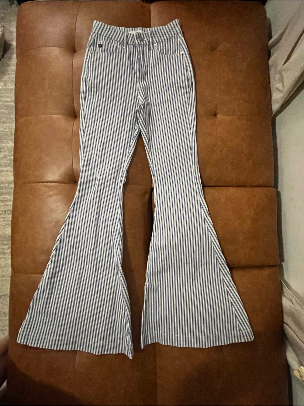 KanCan Striped High-Waist  Super Flare Jeans in Navy and White Size 1/24